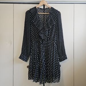 Zara | Polka Dot Black & White Long Sleeve Ruffle Pleated V-neck Dress